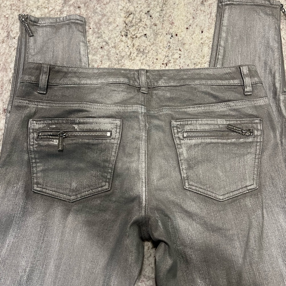 MICHAEL KORS Womens Moto Biker Jeans‎ Silver Metallic Skinny Zipper Ankle Size 6 - Picture 8 of 8